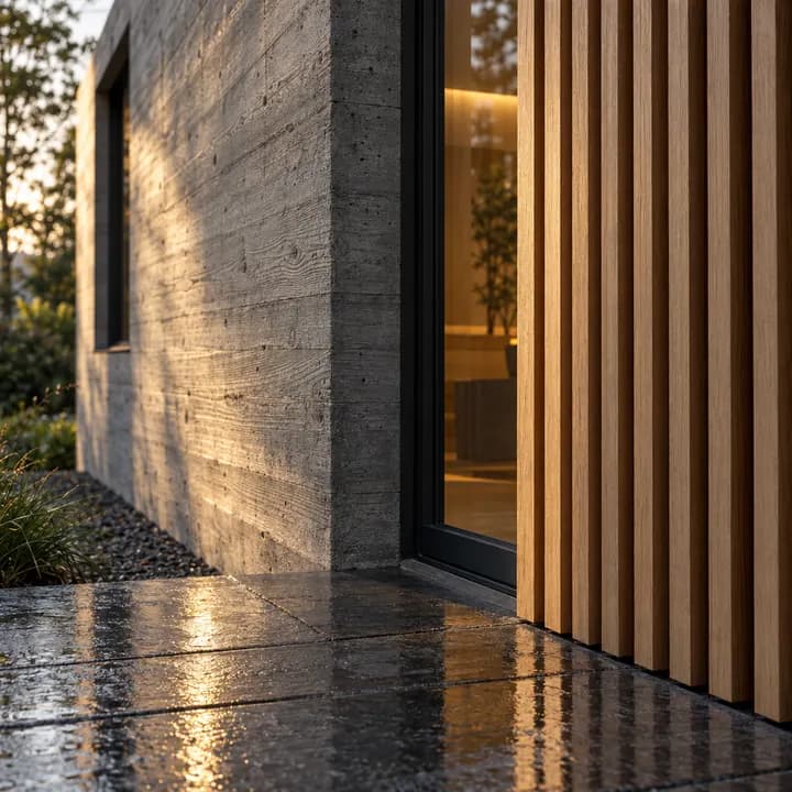 GPT Image 2.5 Flare: board-formed concrete corner with oak slats, a lit window and wet stone paving
