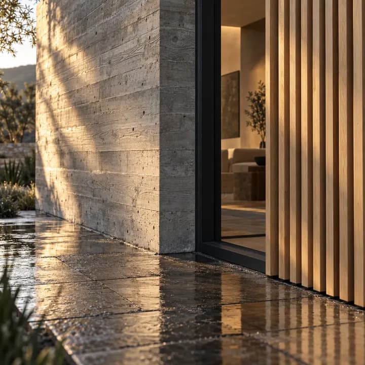 GPT Image 2.5 Sunburst: board-formed concrete corner with oak slats, a lit window and wet stone paving