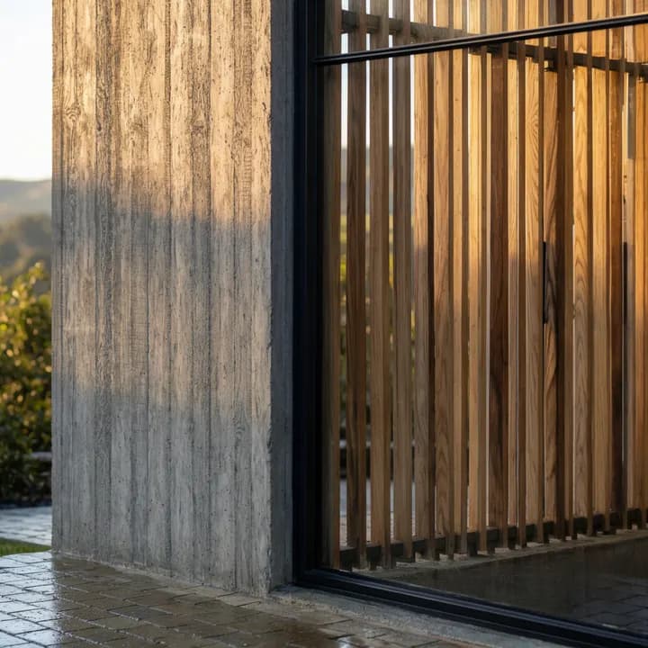 board-formed concrete corner with oak slats, a lit window and wet stone paving