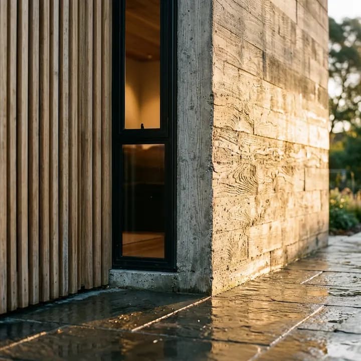 Nano Banana 2: board-formed concrete corner with oak slats, a lit window and wet stone paving