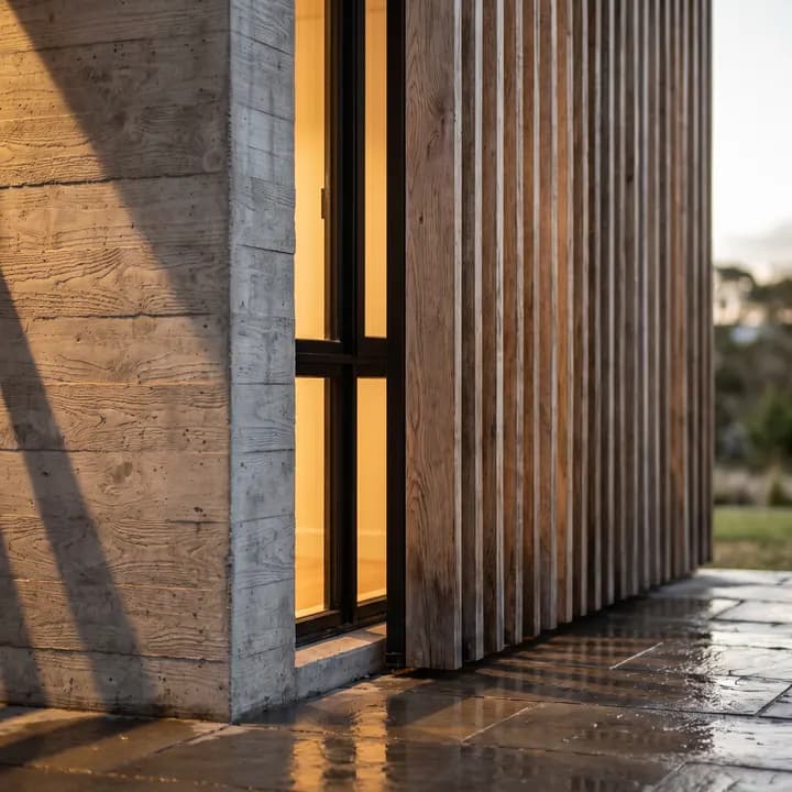 Nano Banana Pro: board-formed concrete corner with oak slats, a lit window and wet stone paving