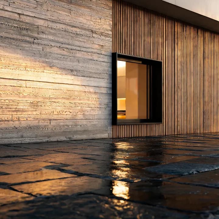 board-formed concrete corner with oak slats, a lit window and wet stone paving