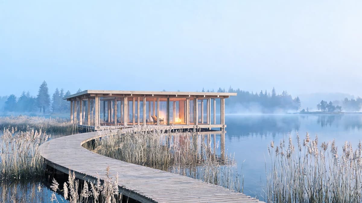 Slender timber pavilion and curving boardwalk beside a misty lake at dawn
