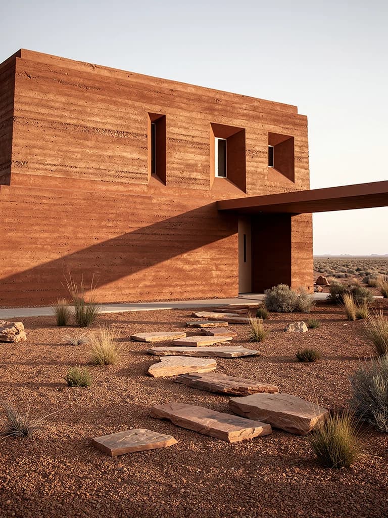 Terracotta museum with deep openings and an elevated bridge over a desert courtyard