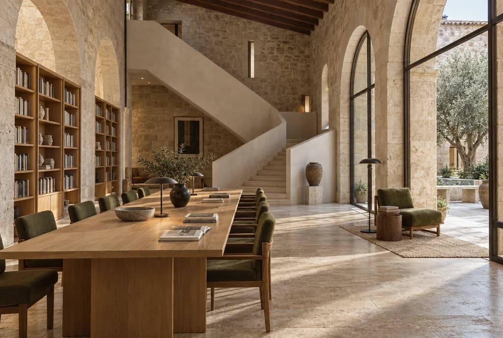 Oak reading table, olive seats and pale stone arches in a sunlit library