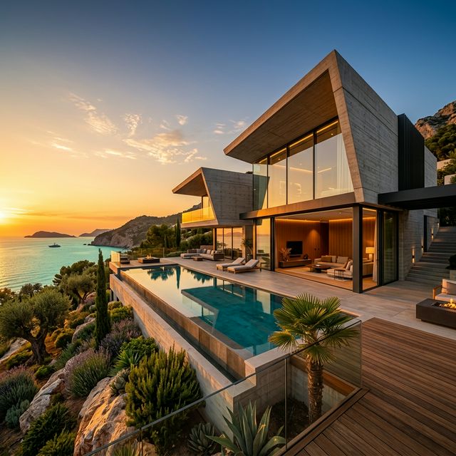 AI-generated architectural render — luxury villa at golden hour