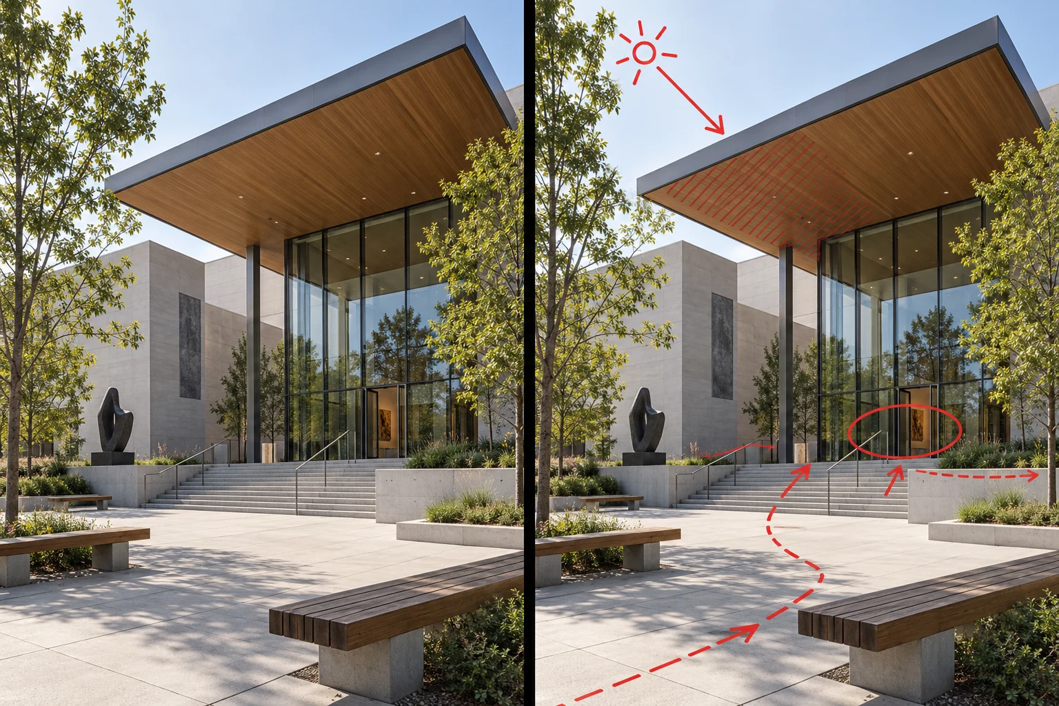 An architectural design image alongside an original annotated visual critique illustration
