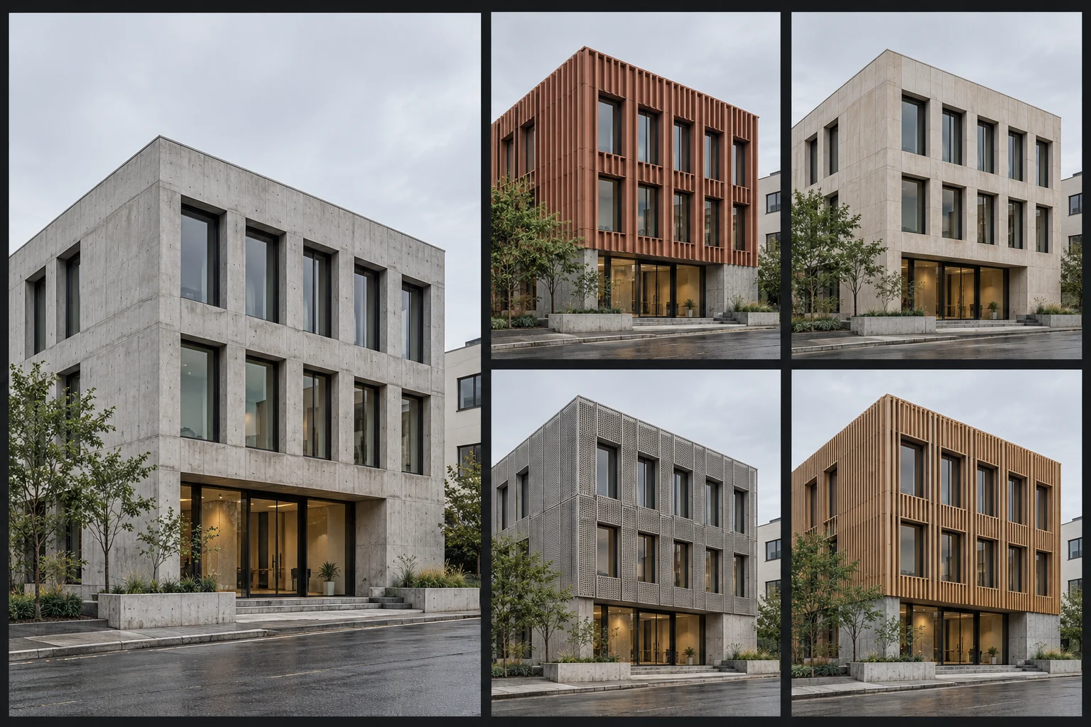 One building view and four original facade design illustrations
