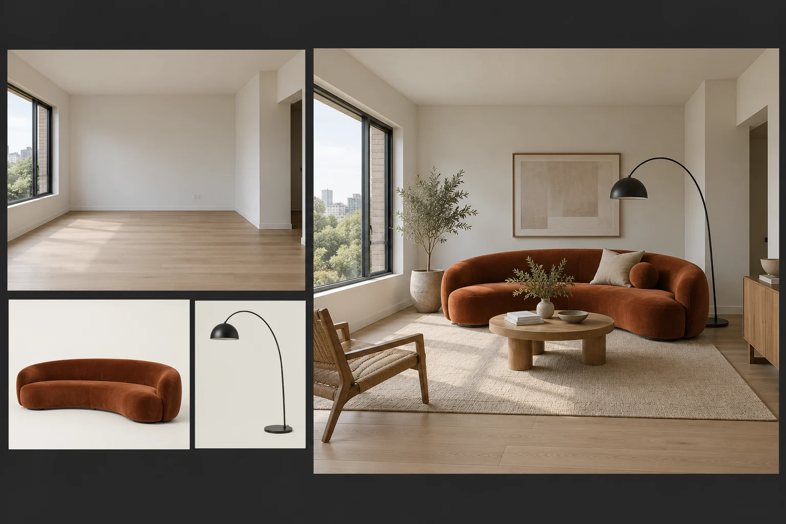 A room and selected furniture references alongside an original interior design illustration