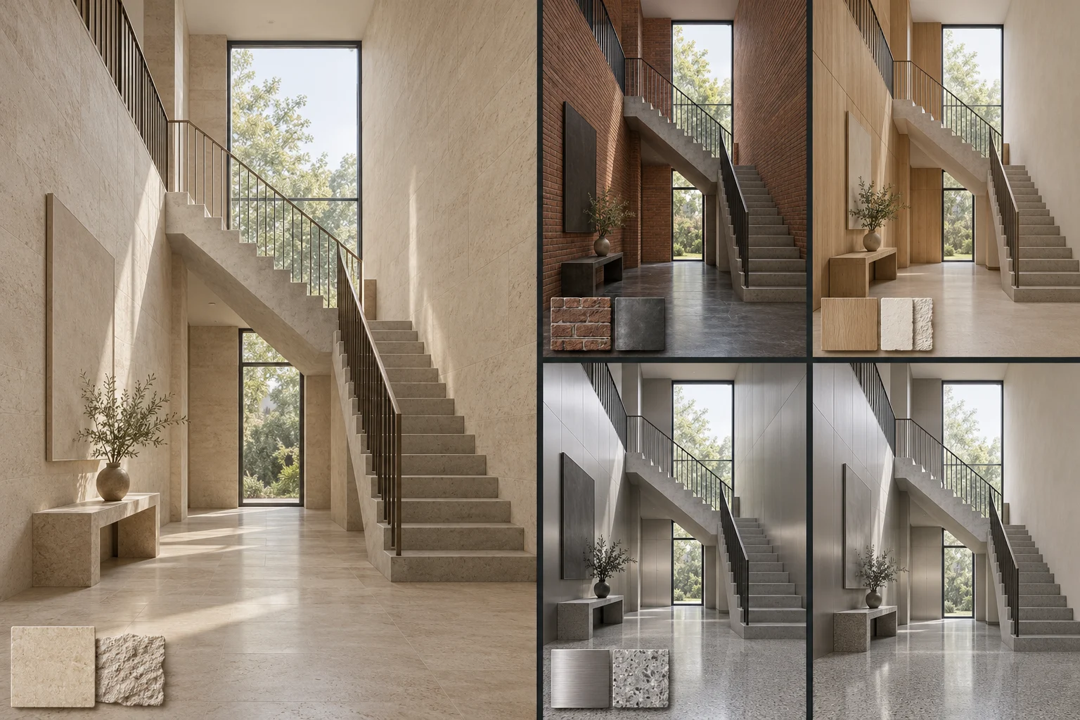A source view and material sample with four original surface application illustrations
