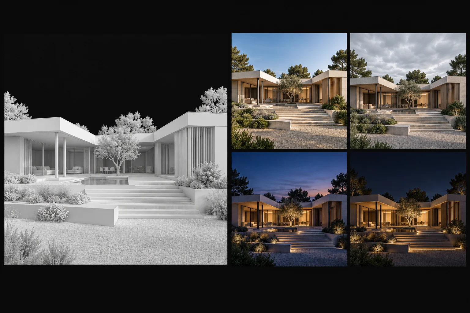 An architectural model view and four original presentation render illustrations