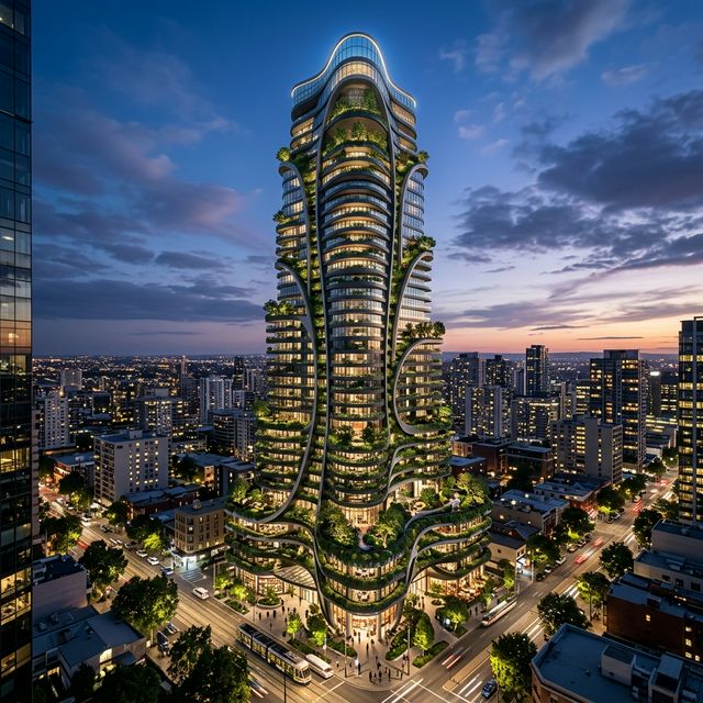 Compact green office tower, soft daylight, GLB-ready geometry.