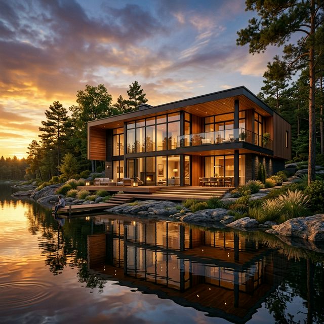 Modern lakefront villa render
