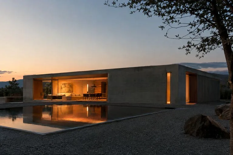 Concrete pavilion at dusk with warm interior light